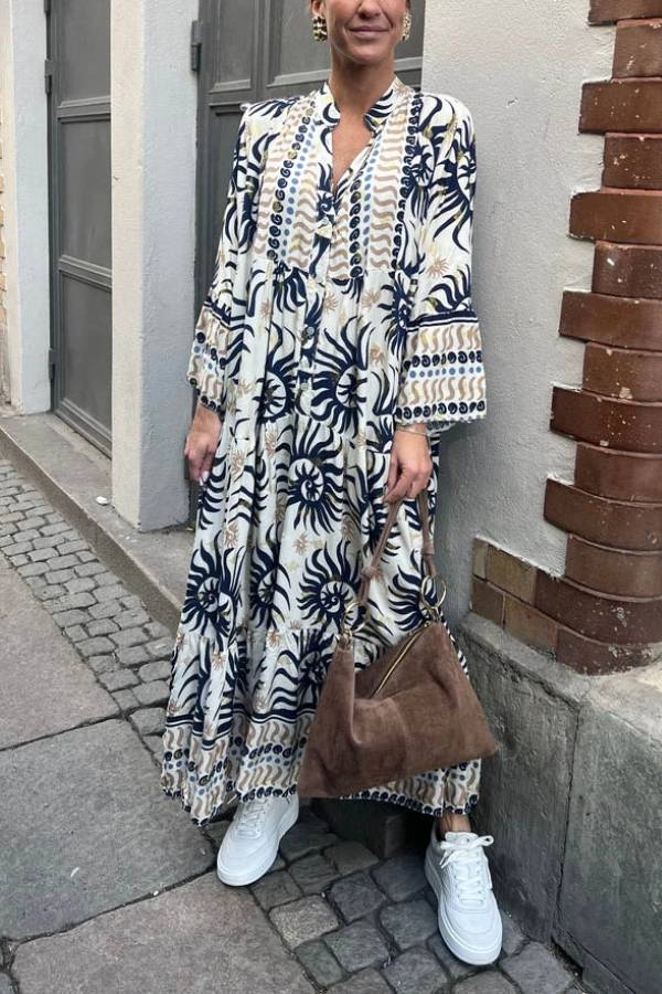 CD | Rochie maxi casual cu mâneci trompetă și imprimeu etnic