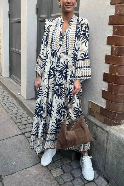 CD | Rochie maxi casual cu mâneci trompetă și imprimeu etnic
