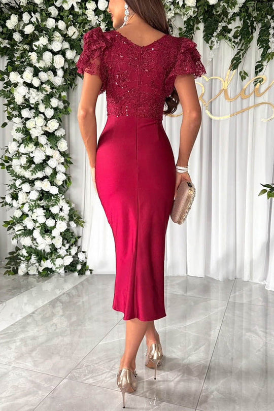 CD | Dreamy lux dantelă și satin patchwork mâneci volane rochie midi volane