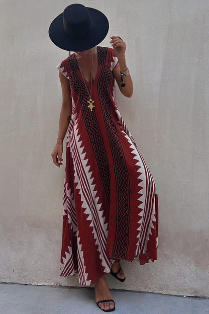 CD | Beach date Ethno print rochie maxi în A-line