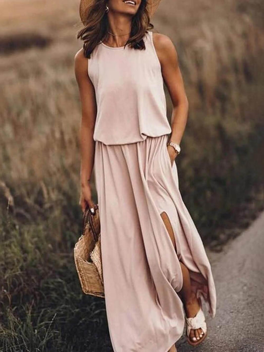 CD | Rochie maxi pentru femei - fără mâneci - croială fluidă - decolteu rotund - fantă laterală stil casual