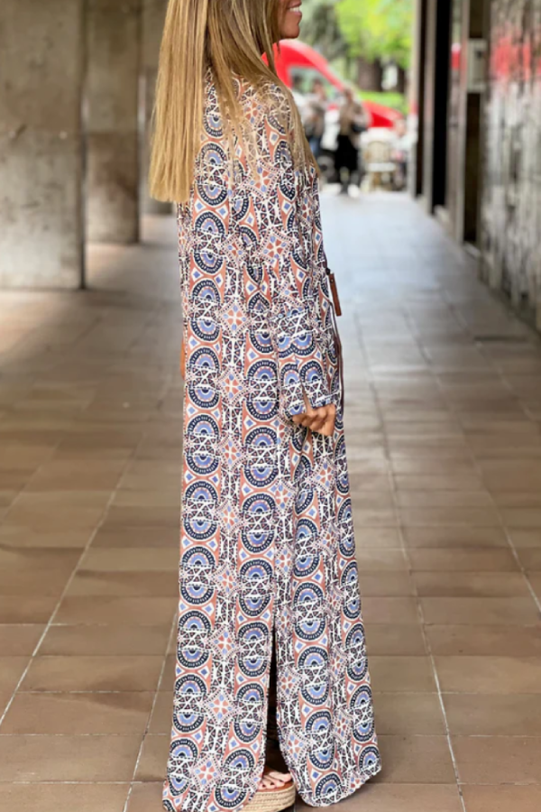CD | Fantă imprimate vrac V-Neck rochie lungă