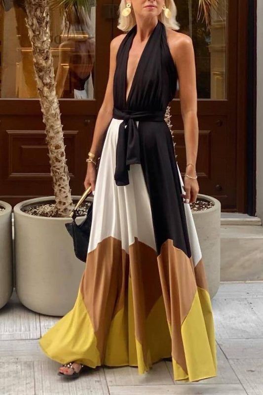 CD | Colorblock Lace-up Backless Sexy rochie lungă Swing