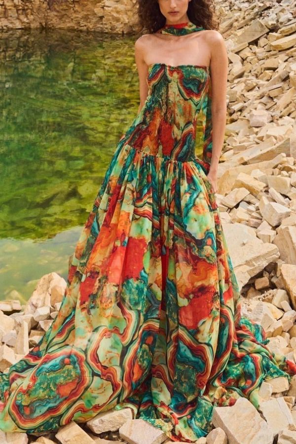 CD | Vacay Vibes Rochie maxi cu imprimare de lavă colorată, fără umeri, cu eșarfă smocked