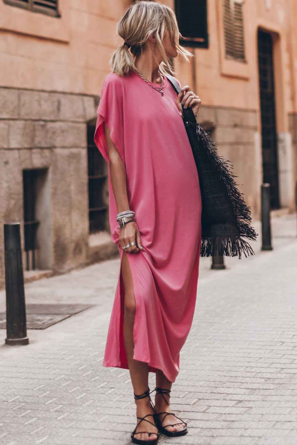 CD | Roz rotund decolteu batwing mâneci split rochie maxi t-shirt