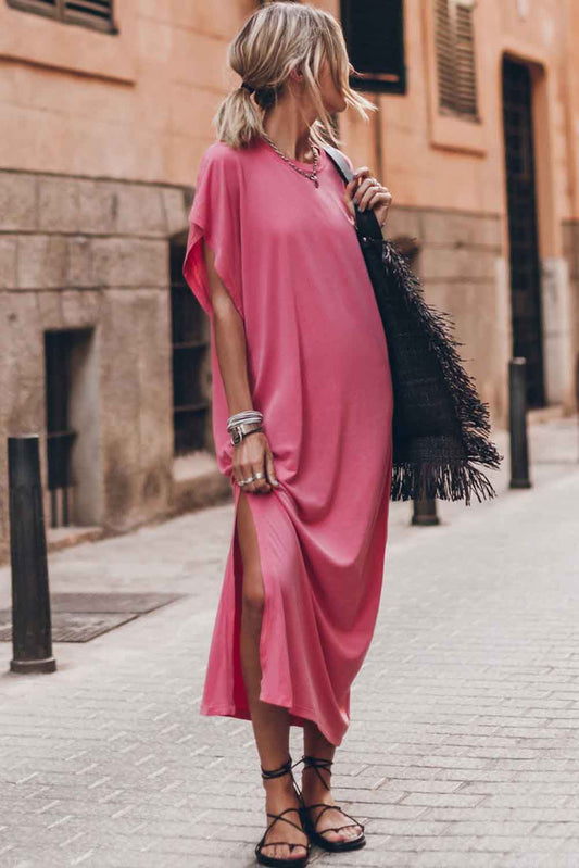 CD | Roz rotund decolteu batwing mâneci split rochie maxi t-shirt