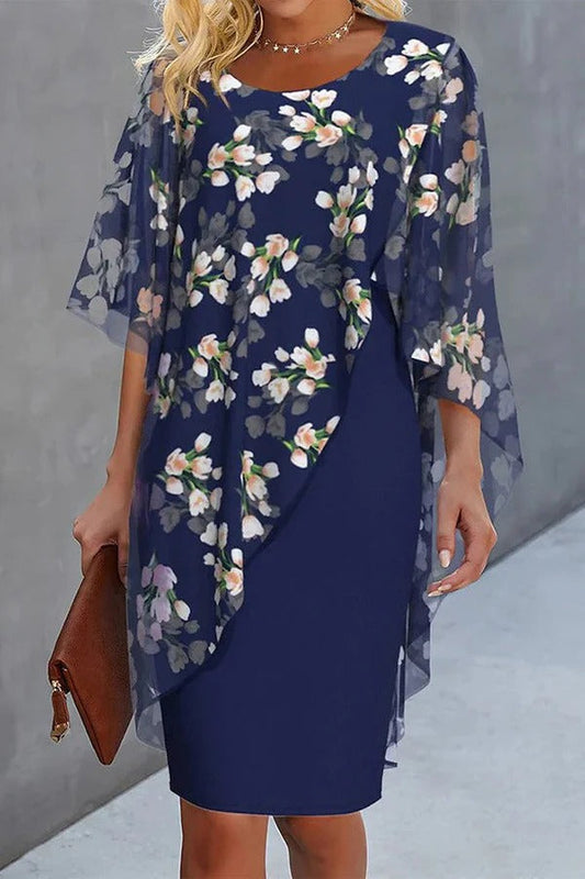 CD | Chiffon florale imprimare rotund gât Casual Mini rochie