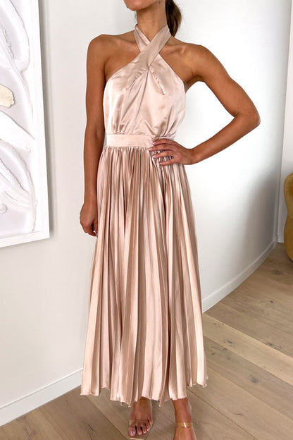 CD | Beaming Smile satin halterneck rochie midi plisată