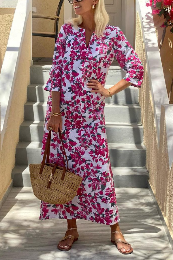 CD | Floral mijlocul lungimi mâneci V-neckline fantă rochie lungă