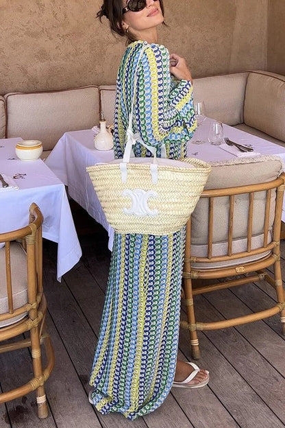 CD | Bondi plaja tricot colorat val de imprimare cu mânecă lungă de vacanță rochie maxi