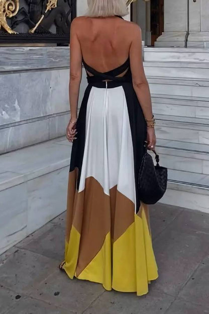 CD | Colorblock Lace-up Backless Sexy rochie lungă Swing