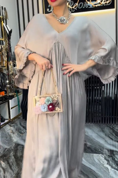 CD | satin culoare solidă v-neck frunze de lotus mâneci vrac plisat rochie maxi
