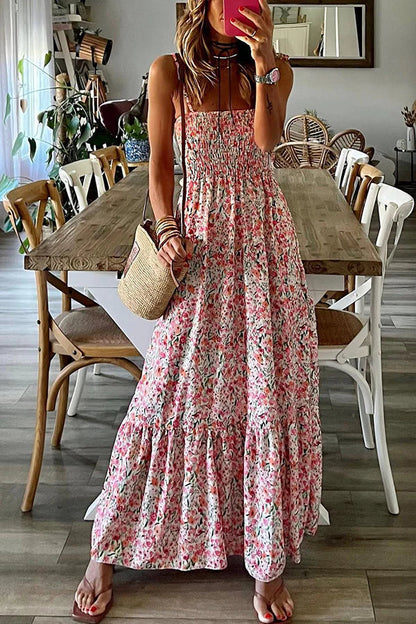 CD | Gata de vacanță rochie maxi cu imprimare florală și talie smocked