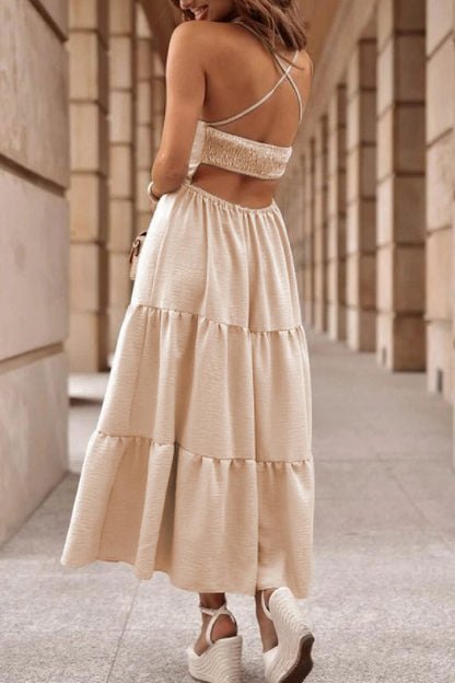 CD | Rochie croită de culoare ovăz cu corset fără spate și rochie maxi cu cravată