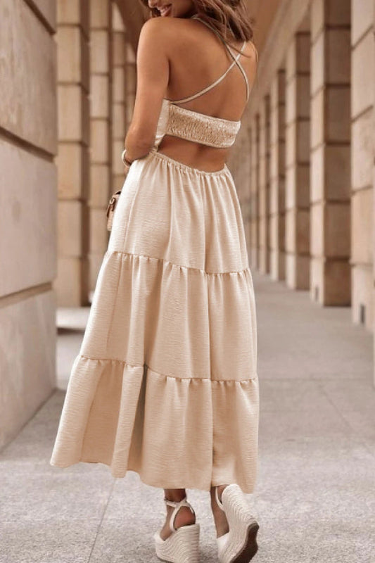 CD | Rochie croită de culoare ovăz cu corset fără spate și rochie maxi cu cravată