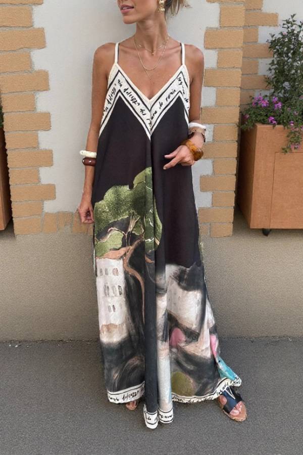 CD | Rochie maxi cu bretele cu imprimeu floral și cerneală unică