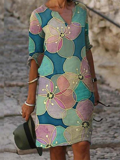 CD - Rochie fermecătoare din in cu model floral pentru femei