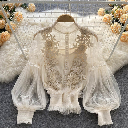 CD | Perspectivă Mesh Gauze Lantern Sleeve Slim scurt Top Femei Lace Leggings Undershirt