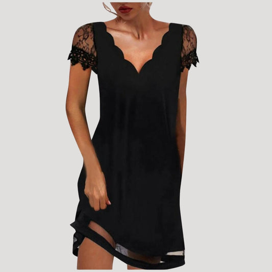 CD | Rochie mini neagră pentru femei cu mâneci scurte din dantelă