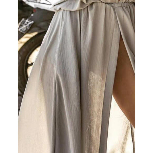 CD | Rochie maxi pentru femei - Ținută relaxată - Decolteu adânc în V - Fantă în față - Mâneci medii - Material fluid