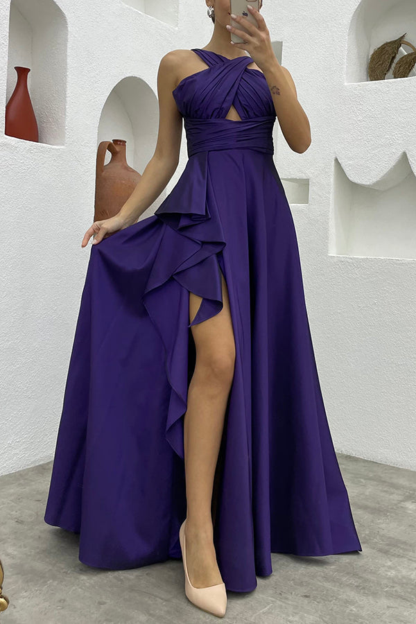 CD | Perfect Soiree decolteu încrucișat spate dantelă ruffle fantă rochie maxi