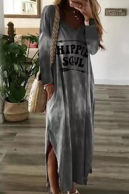 CD | Casual Daily Gradient Print Letter Print Pocket V Neck Long Sleeve Dresses