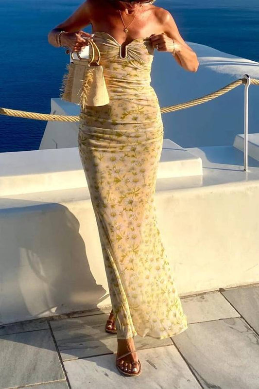 CD | Santorini Sunset Rochie maxi fără bretele din sifon cu imprimeu floral delicat