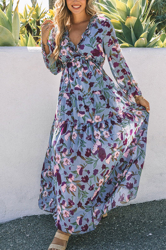 CD | Rochie maxi albastru deschis cu imprimeu floral și bordură cu volane