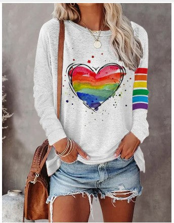 CD | Tricou cu mânecă lungă cu imprimare de inimă curcubeu