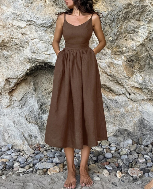 CD - Fashion Brown rochie lungă din in
