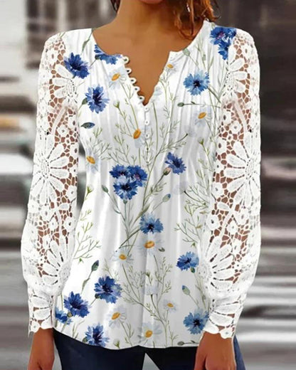 CD | Top elegant din dantelă cu decolteu în V și imprimeu floral
