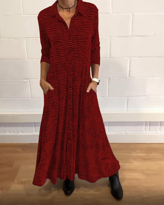 CD | Rochie maxi pentru femei - închidere cu nasturi - mâneci 3/4 - guler cămașă - croială fluidă - cu buzunare