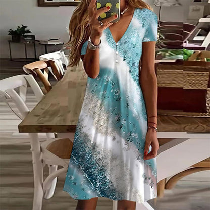 CD | Rochie mini imprimată albastră cu mâneci scurte