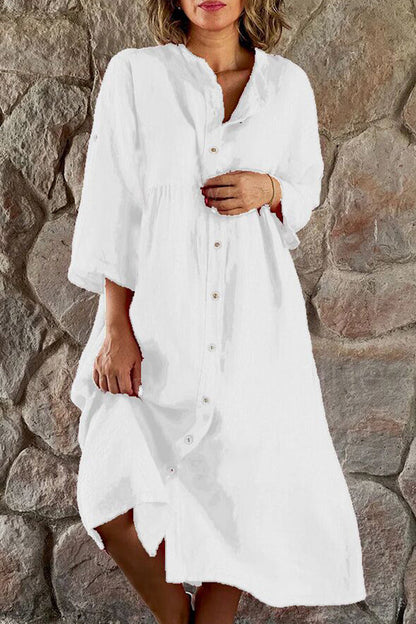 CD | bumbac lenjerie culoare solidă casual stand guler buton rochie lungă