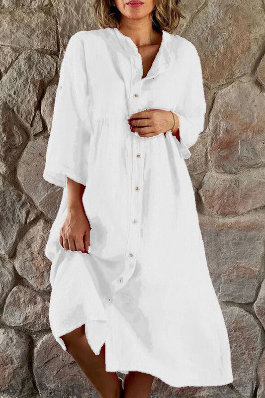 CD | bumbac lenjerie culoare solidă casual stand guler buton rochie lungă