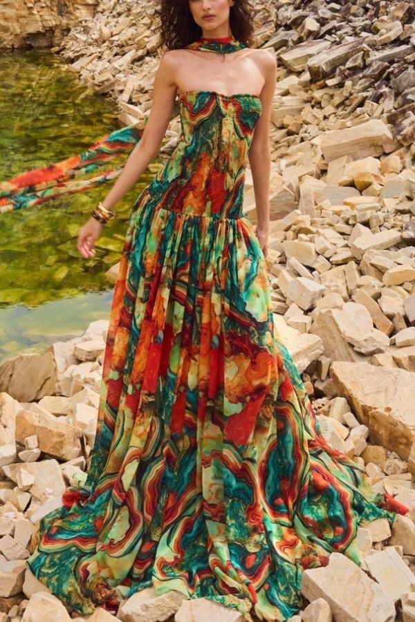 CD | Vacay Vibes Rochie maxi cu imprimare de lavă colorată, fără umeri, cu eșarfă smocked