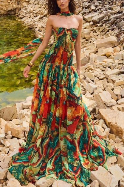 CD | Vacay Vibes Rochie maxi cu imprimare de lavă colorată, fără umeri, cu eșarfă smocked
