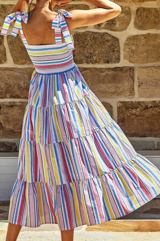 CD | Rochie maxi multicoloră cu dantelă și imprimeu cu dungi Smocked