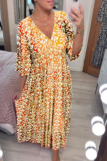 CD | Bohème casual print V-neck waist wrap rochie lungă