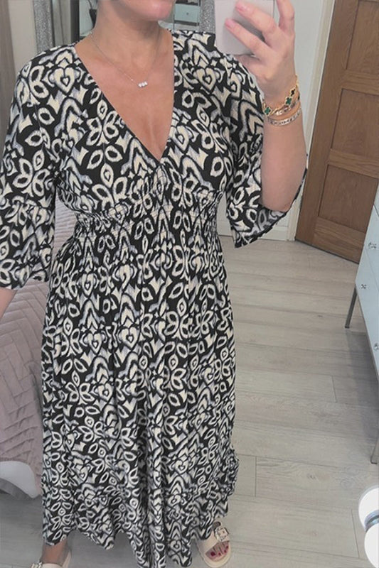 CD | Bohème casual print V-neck waist wrap rochie lungă