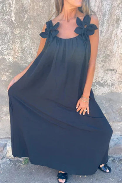 CD | Rochie Maxi solidă cu ornamente florale, fără mâneci, lejeră