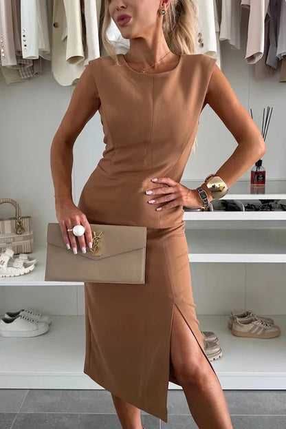 CD | Culoare solidă Decolteu rotund Fără mâneci Rochie midi slim-fit cu crăpătură