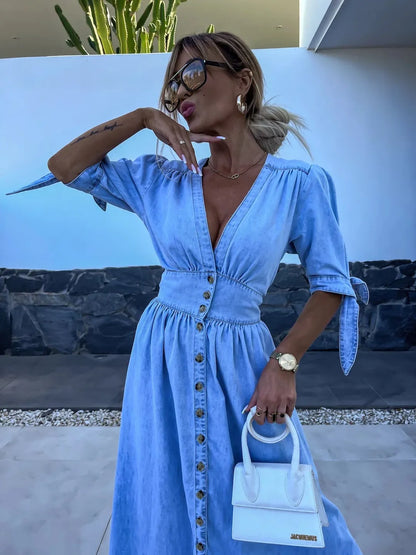 CD | rochie maxi casual elegantă cu nasturi în albastru