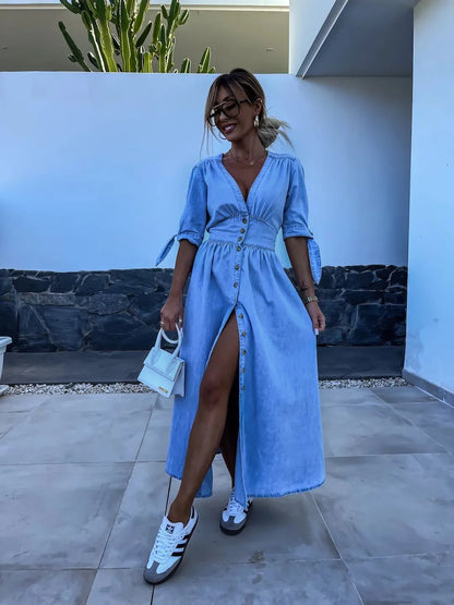 CD | rochie maxi casual elegantă cu nasturi în albastru