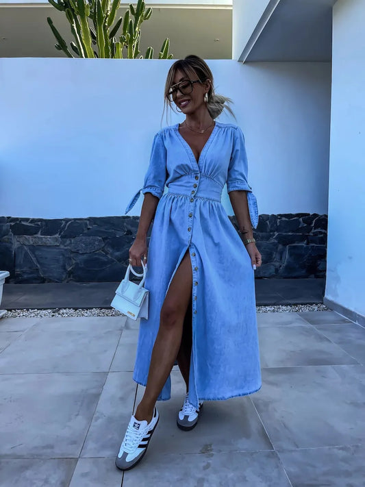 CD | rochie maxi casual elegantă cu nasturi în albastru