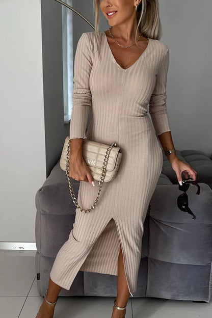 CD | Culoare solidă la modă V-neck cu mânecă lungă pit rochie lungă