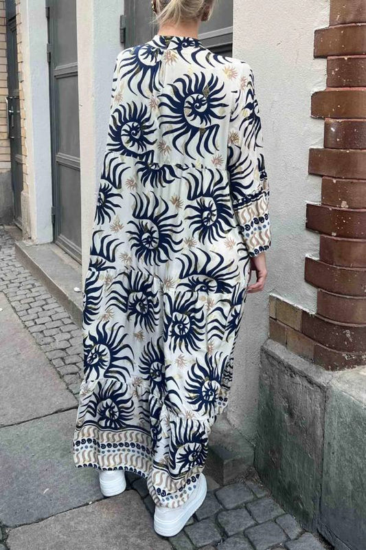 CD | Rochie maxi casual cu mâneci trompetă și imprimeu etnic