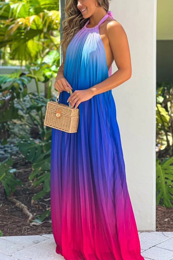 CD | Rochie maxi roz și violet cu gât rotund