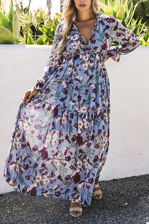 CD | Rochie maxi albastru deschis cu imprimeu floral și bordură cu volane