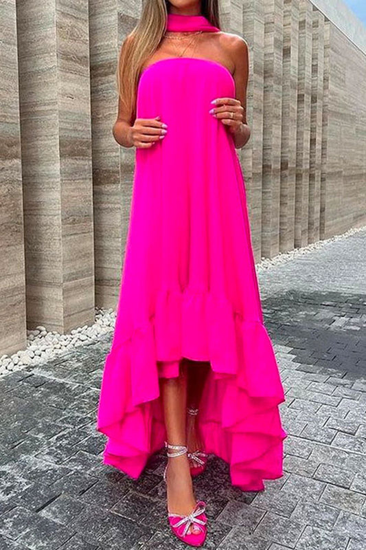 CD | Rochie maxi fără mâneci, fără umeri, neregulată, cu volane